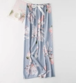 Breathable blue floral wide-leg lounge pants with a white silk bow waist tie - Large Blue Flower