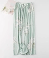 Light green floral cotton pajama pants with wide leg fit and elastic waist bow - Green Big Floral