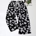Women's pajama pants with black and white panda print and white satin drawstring tie - Black Panda