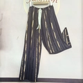 Dark gray plus size wide leg pajama pants with beige vertical stripes and drawstring - Wabi-sabi Style