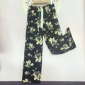 Women's plus size floral wide-leg sleep pants in black with yellow rose pattern and drawstring - Ink Flower