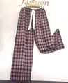 Women's wide leg cotton pajama pants with purple and brown plaid pattern and white ribbon - Plaid Rhyme