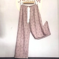 Pink floral cotton pajama pants with elastic waist and ribbon tie for women - Vintage Floral