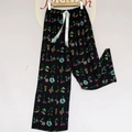 Women's plus size floral wide leg pajama pants in black with light blue satin drawstring - Plaid Painting