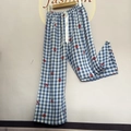 Blue and white plaid cotton pajama pants with red star prints and a white ribbon bow - Utopia