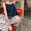 Navy blue camisole and floral print wide-leg pajamas set for a relaxed home look - Rose