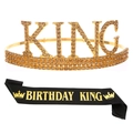 Corona KING dorata con fascia Birthday King in raso nero per festa di compleanno - Corona in Cristallo Giallo + Fascia Nera