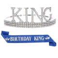 Couronne argentée avec texte King et écharpe Birthday King en satin bleu pour hommes - Couronne Argentée + Écharpe Bleue