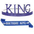 Set d'anniversaire pour hommes avec couronne argentée strass bleus et écharpe bleue king - Couronne Bleu Royal + Écharpe Bleue
