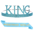 Ensemble écharpe Birthday King bleu ciel et couronne argentée avec strass bleus pour homme - Couronne Bleu Lac + Écharpe Bleu Lac