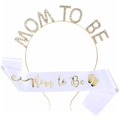 Set Baby Shower MOM TO BE con cerchietto in strass dorati e fascia di raso bianco - Set Oro