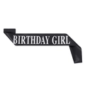 Elegante banda de satén negro con letras blancas Birthday Girl para fiestas y eventos - Plata Cumpleañera