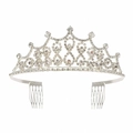 Dettaglio ravvicinato di un diadema di cristallo argento con strass lucidi e pettini laterali - Argento