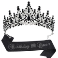 Birthday Queen Set mit silberner Kristall-Tiara und schwarzer Glitzer-Schärpe - Silber Schwarz Strass + Schwarze Glitzerschärpe