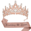 Rosegoldenes Set für Geburtstagskönigin mit Kristallkrone und Glitzerschärpe für Partys - Roségold Krone Und Roségoldene Glitzerschärpe
