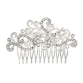 Detailed close-up of bridal hair comb with pearls, rhinestones and silver floral scrollwork - Silver