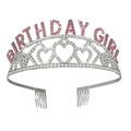 Diadème Birthday Girl argenté avec cristaux roses et motifs cœurs pour fête - Argent avec Strass Magenta
