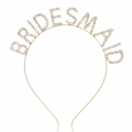 Close-up of golden BRIDESMAID headband with sparkling white rhinestones for weddings - BRIDESMAID Gold
