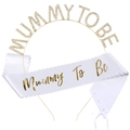 Serre-tête Mummy To Be doré et écharpe en satin blanc avec bords ondulés pour fête - Ensemble Or
