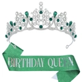 Birthday Queen set featuring a silver crown with emerald gems and a green glitter sash - Green Zirconia Set