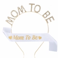 Cerchietto con strass Mom To Be dorato e fascia in raso bianco per festa baby shower - Tiara d'Oro + Fascia Bianca