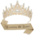 Funkelndes goldenes Birthday Queen Set mit Schärpe und elegantem Kristall Diadem - Gold Krone Und Goldene Glitzerschärpe