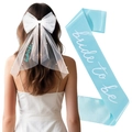 White bridal bow veil with pearls and light blue bride to be sash set for hen parties - Blue Embroidery Bow + Sash Set