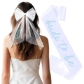 White bridal bachelorette party set with pearl bow veil and bride to be satin sash - White Bow + Blue Embroidery Sash Set