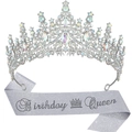 Silver crystal birthday queen tiara and glitter sash set for party celebration - Silver AB Stone Crown And Silver Glitter Sash