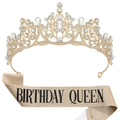 Set couronne d'or Birthday Queen et écharpe pailletée champagne avec strass brillants - Ensemble Or