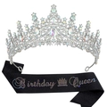 Silver crystal crown with colorful rhinestones and black Birthday Queen glitter sash set - Silver AB Stone Crown And Black Glitter AB Stone Sash