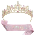 Coffret écharpe Birthday Queen rose et couronne en strass dorés pour fête d'anniversaire - Ensemble de Bijoux Rose