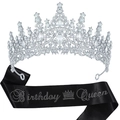 Silver crystal crown with black Birthday Queen glitter sash for party girls - Silver Crown And Black Satin Sash