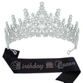 Birthday Queen silver crystal tiara and black glitter sash set for women party - Silver Crown And Black Glitter AB Stone Sash