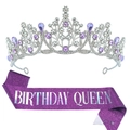 Birthday Queen set featuring a sparkling silver tiara with purple crystals and sash - Purple Jewelry Set