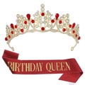 Birthday Queen gold tiara with red crystals and matching red glitter sash for party girls - Red Zirconia Set