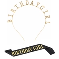 Details vom goldenen Birthday Girl Haarreif und schwarzer Satinschärpe mit Golddruck - Gold Haarreif und Schwarze Schärpe