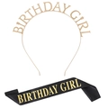 Detail of gold metal Birthday Girl headband and black satin sash set for party girls - FG099 Gold Set