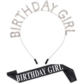 Ensemble serre-tête Birthday Girl en strass argentés et écharpe en satin noir - Ensemble FG084 Argenté
