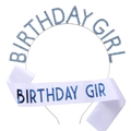 Set Birthday Girl avec serre-tête argenté strass bleu et écharpe en satin blanc assortie - Ensemble Bleu Clair