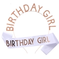 Detalle de diadema de strass BIRTHDAY GIRL oro rosa y banda de satén para cumpleaños - Juego Color Champaña