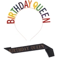 Birthday Queen set featuring a colorful tiara and black gold-printed satin sash - FG098 Rainbow Birthday Queen Headband and Rose Gold Sash