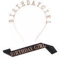 Birthday Girl Set mit roségoldenem Haarreif und schwarzer Satinschärpe für Partys - Roségold Stirnband Und Schwarze Schärpe