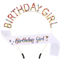 Birthday Girl set with rainbow glitter sash and multicolored rhinestone crystal headband - One Size / Multicolor