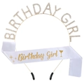 Set de tiara Birthday Girl de strass dorado y banda de satén blanco con letras oro - Conjunto de Platino