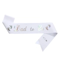 Close-up of white glitter Dad to Be sash with iridescent text and silver safety pin - White Dad to Be (Glitter)