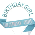 Birthday Girl set with light blue rhinestone headband and matching glitter sash in 1688 style - Lake Blue Set