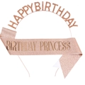 Rose gold birthday party set with glitter sash and rhinestone princess crown tiara - Champagne