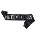 Black satin Birthday Queen sash with silver mirror lettering for party celebration - Black Base Silver Text - Birthday Queen