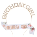 Set con tiara in strass Birthday Girl e fascia in raso bianco con stampe floreali - Oro (FG110+JD019)